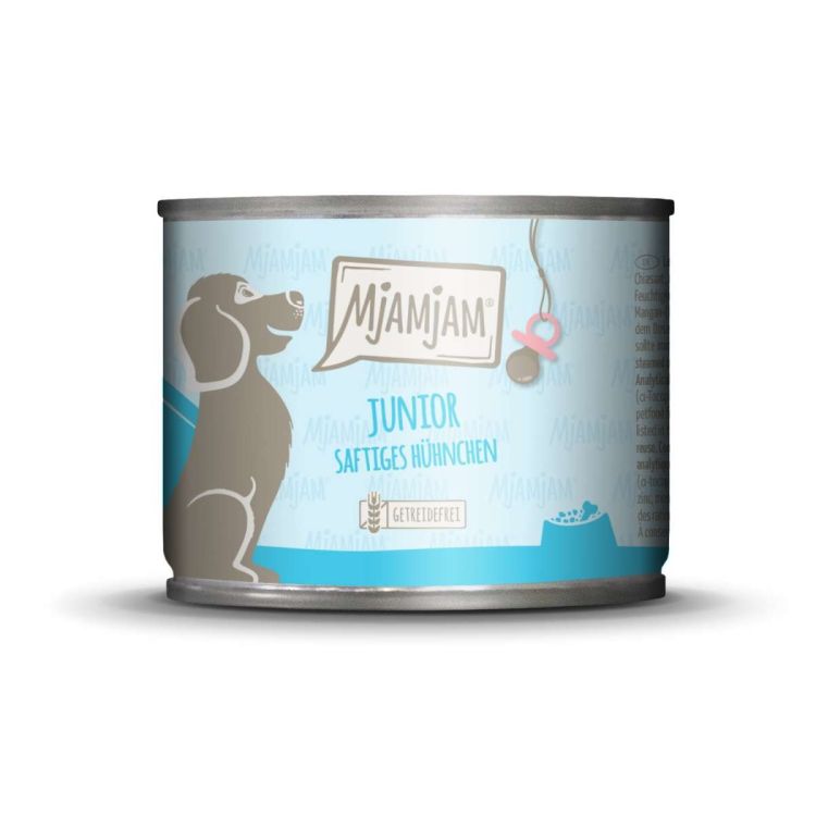MJAMJAM perro junior pollo y huevo lata