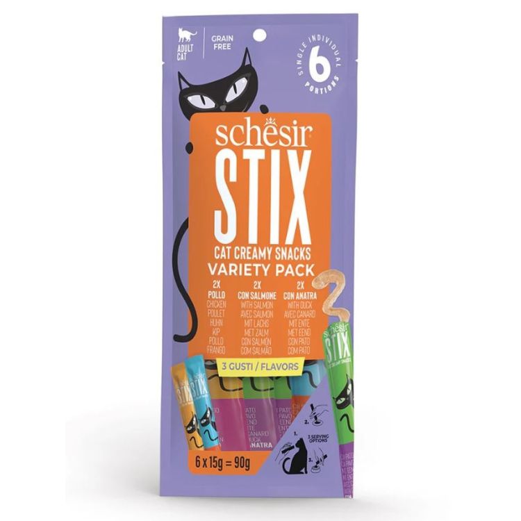 SCHESIR gato adulto snack Stix pollo, pato y salmón 6x15 gr